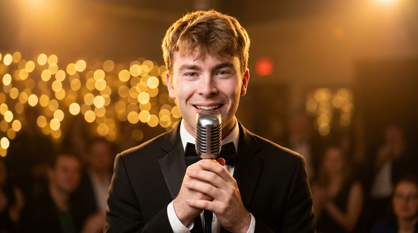 Winston performing classic jazz vocals into vintage Shure microphone